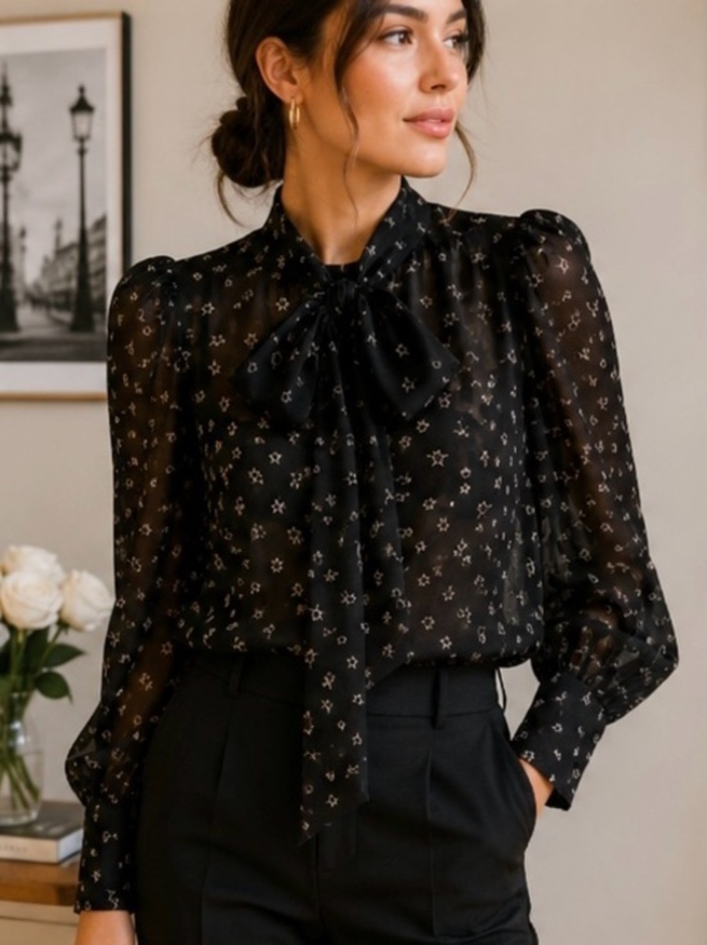 🖤⭐️Generation Love New York Sheer Star Print Bow Blouse – XS⭐️🖤
